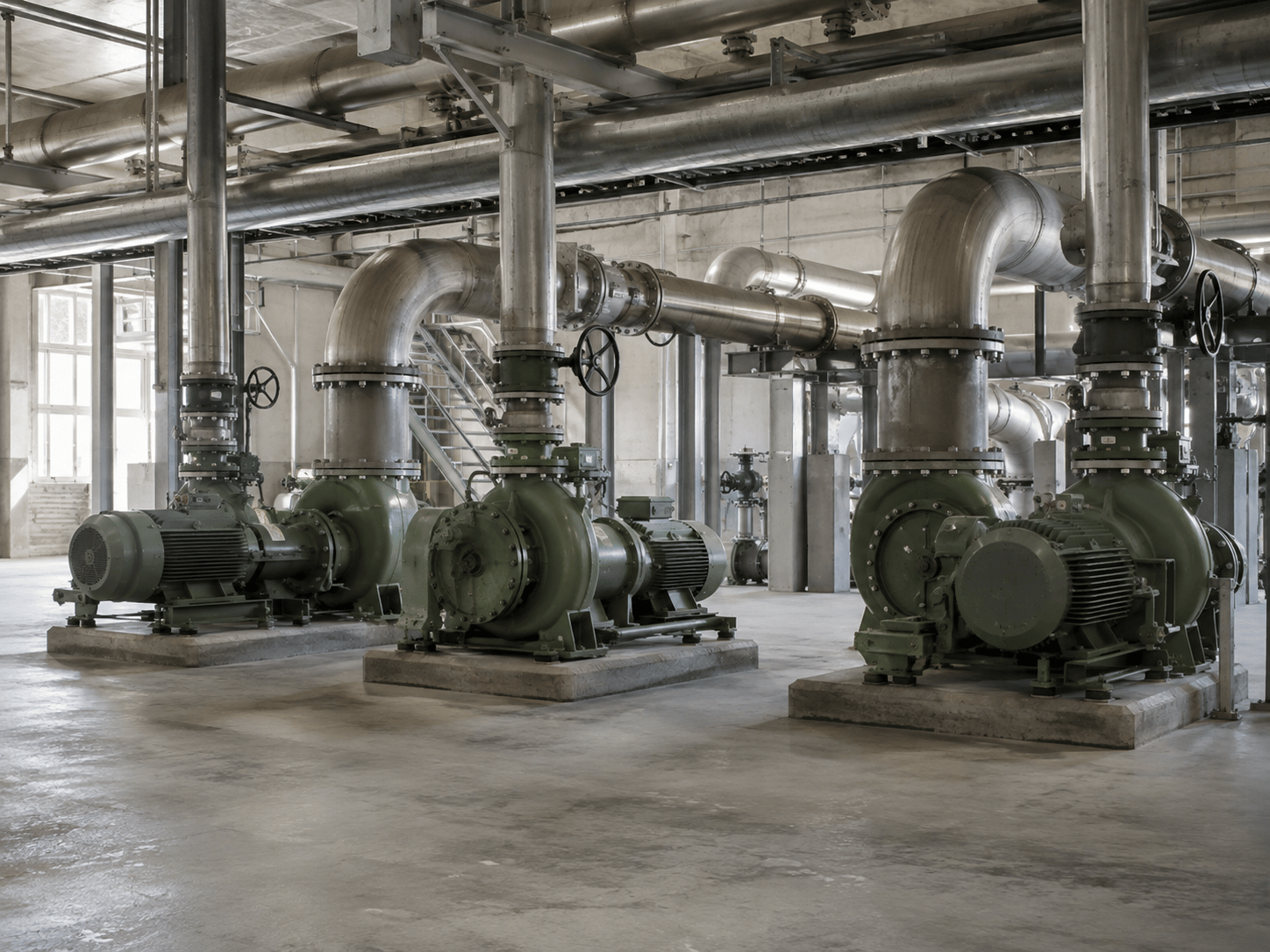 Tubulações, válvulas e bombas em uma instalação industrial